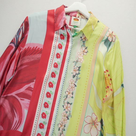 FARM Rio Tops - Farm Rio Shelby Buttondown Mixed Floral Print Long Sleeve Blouse Green Red M